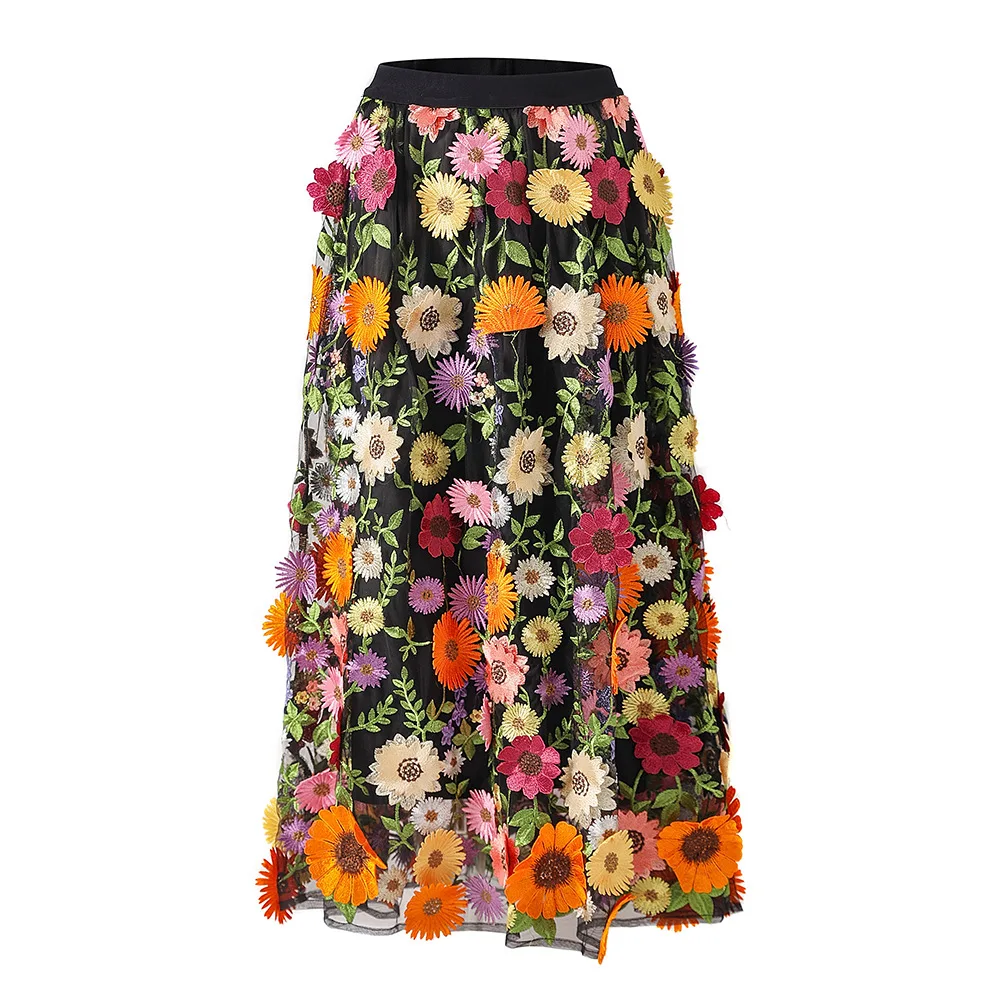 New Spring Summer Daisy Black Midi Skirt Sunflower Lace High Waist 3D Flowers Fresh Cute traf 2025 femme ropa mujer