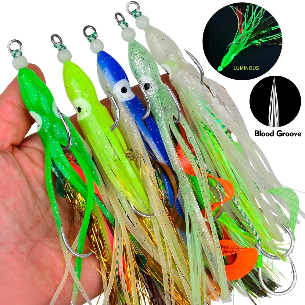 Leuchtende Oktopus-Weichköder mit Jigging-Haken, bunte Silikon-Tintenfischköder für Nachtangeln, Tintenfischköder, Sabiki-Angelhaken