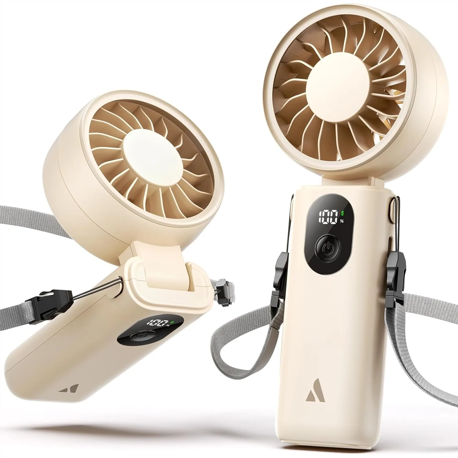 

Portable Handheld Fan with 20H Battery, 5 Speeds & Neck Hanging Mode for Travel and Outdoor Use - Beige