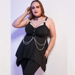 ROSEGAL Plus Size Gothic O Ring Chains Tank Top Black Punk Soft Handkerchief Vest Women Summer Sweetheart Neck Sleeveless Top 4X