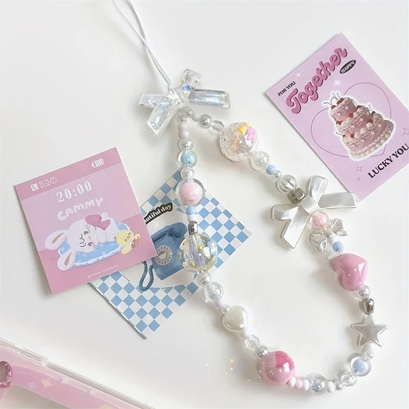 

Bow Heart Beaded Bracelet Colorful Lanyard Flower Butterfly Phone Charm Pearl Mobile Phone Wrist Strap Anti-Lost Chains