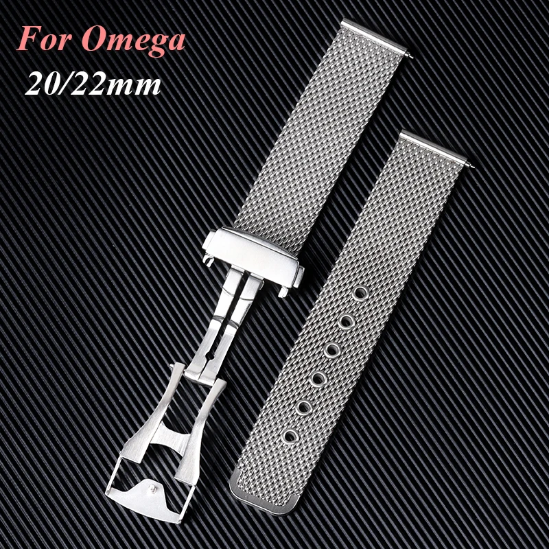 Mesh Stainless Steel Strap 20mm 22mm for Omega 007 Seamaster Diver Watch Band Metal Folding Buckle Watchband Universal Bracelet