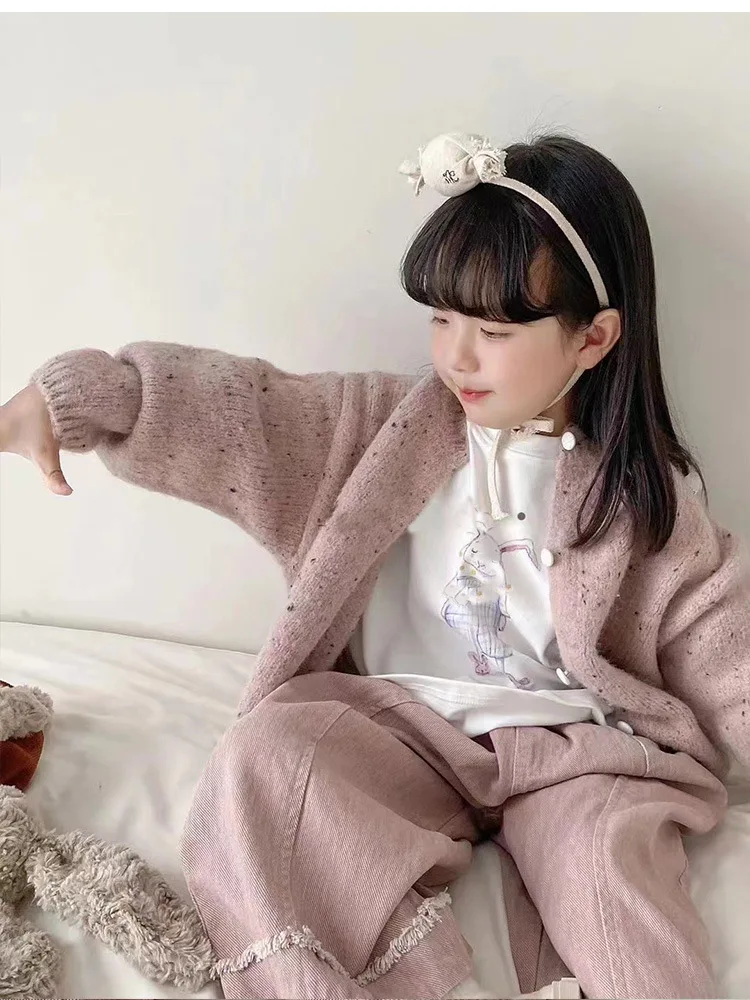 

Children's Clothing2024Autumn New Girls' Colorful Cardigan Children's Solid Color Woolen Baby Little Kids' Sweater Coat
