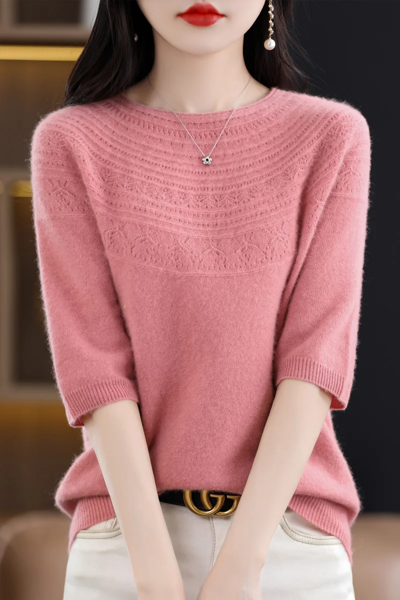 

Spring and summer new first-line ready to wear knitted wool sweater simple and fashionable round neck hollow short sleeved top