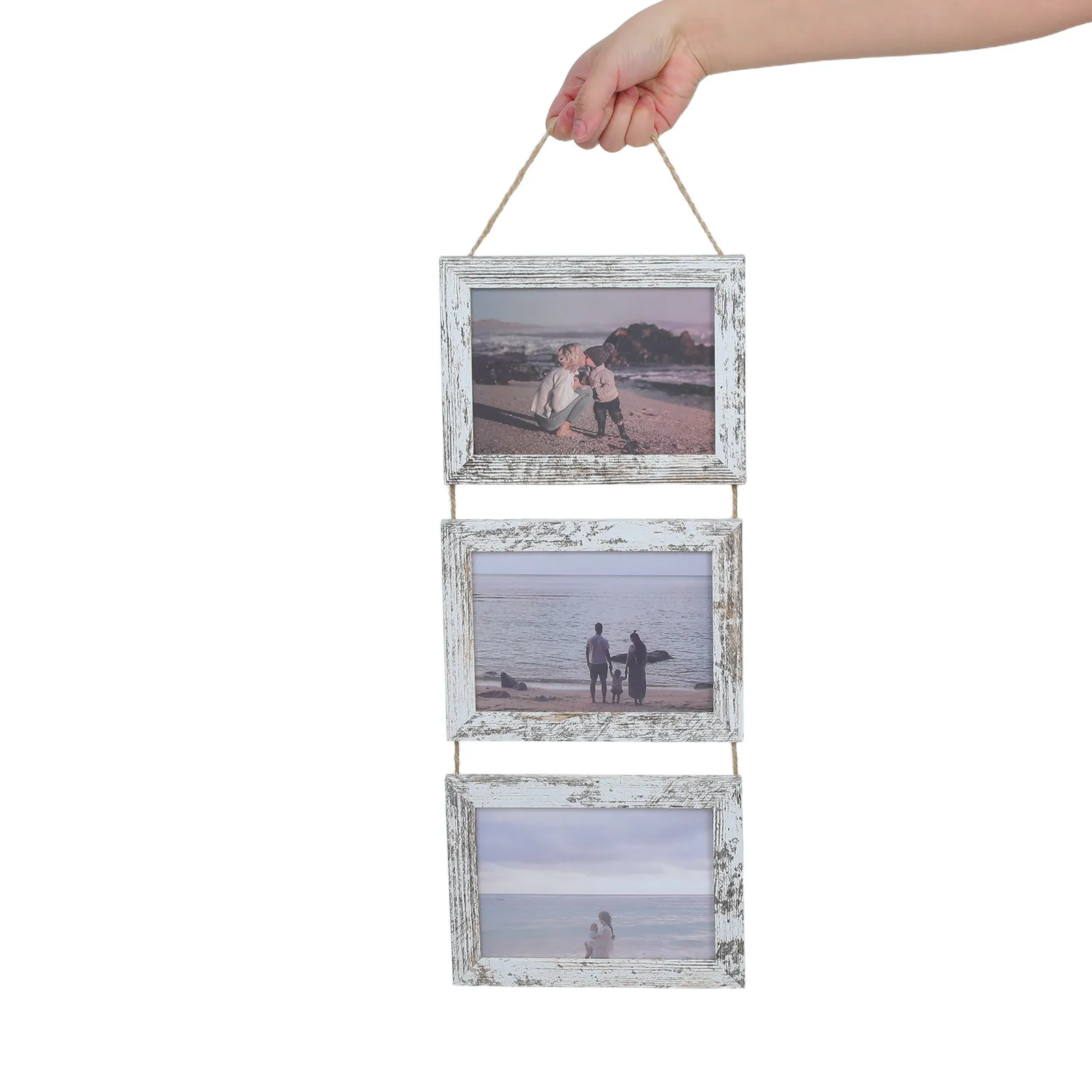 3 Picture Frame Wall Hanging Wooden Collage 5x7 Inch Rustic Hanging Rope Photo Display Farmhouse Wall Decor Family Collage