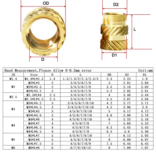 Imagen 2 del producto Tuerca de inserción térmica de latón M2 M2.5 M3 M4 M5 M6 M8 M10, moldeo moleteado moleteado de sarga doble, rosca de incrustación de inyección, tuercas de fusión en caliente para impresora 3d
