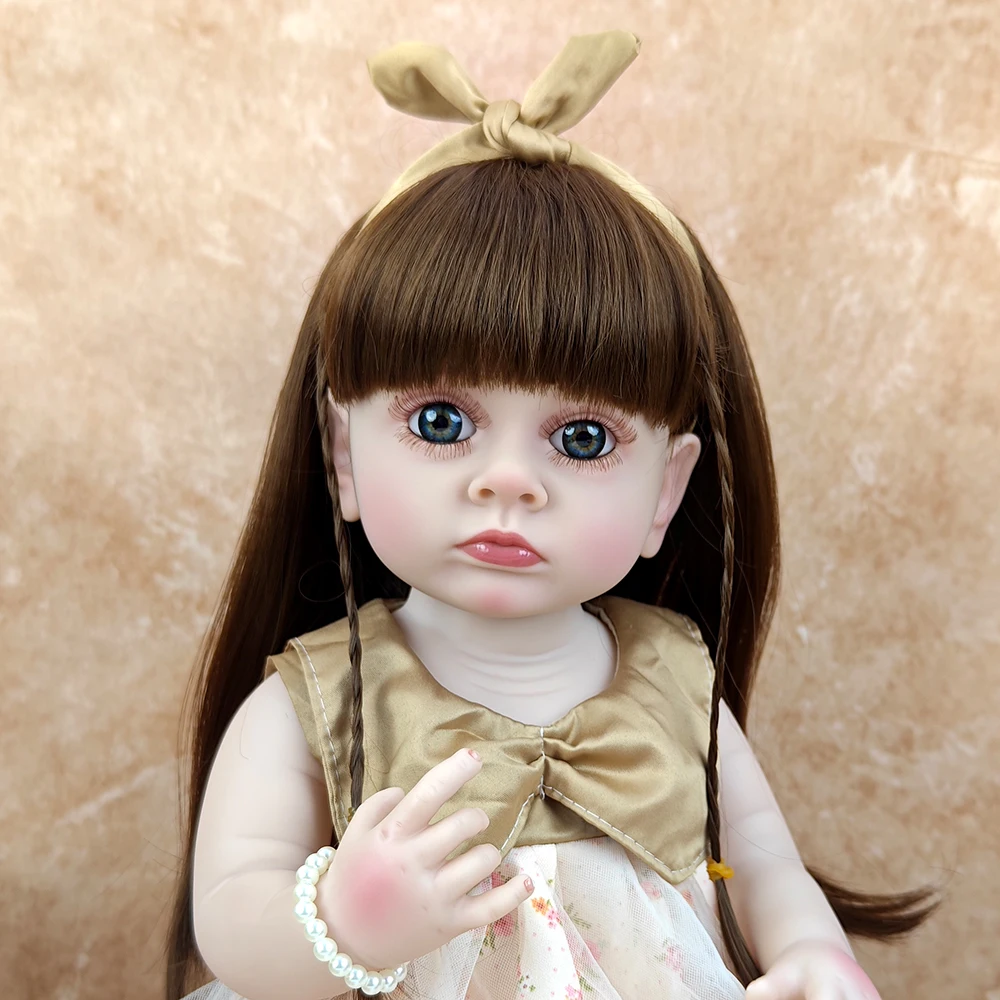22 インチリアルなリボーン女の赤ちゃん人形 55 センチメートル手作り茶色の髪シミュレーション人形洗えるコンパニオンおもちゃ子供の日のギフト