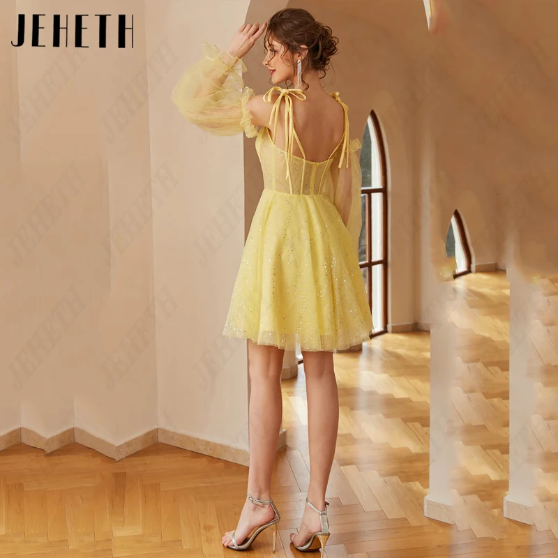 JEHETH-minivestido De fiesta De tul amarillo para mujer, mangas abullonadas desmontables, vestido De noche Vintage, línea A, lentejuelas, sin espalda minivestido De fiesta De tul amarillo para mujer, mangas abullonadas