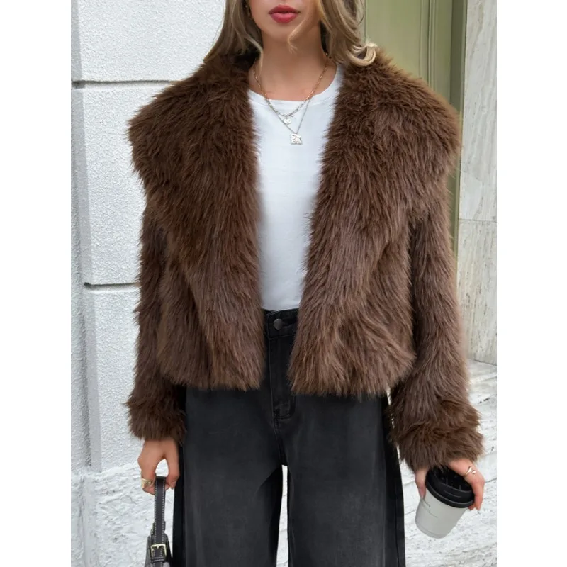 Fashion women's autumn and winter casual plush solid color long-sleeved coat warm jacket