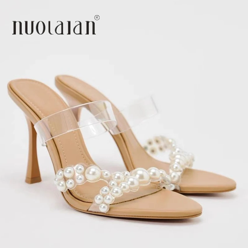 2024 Summer String Bead PVC Transparent Slippers Women High Heels Sandals Fashion Open Toe Party Female Pumps Shoes