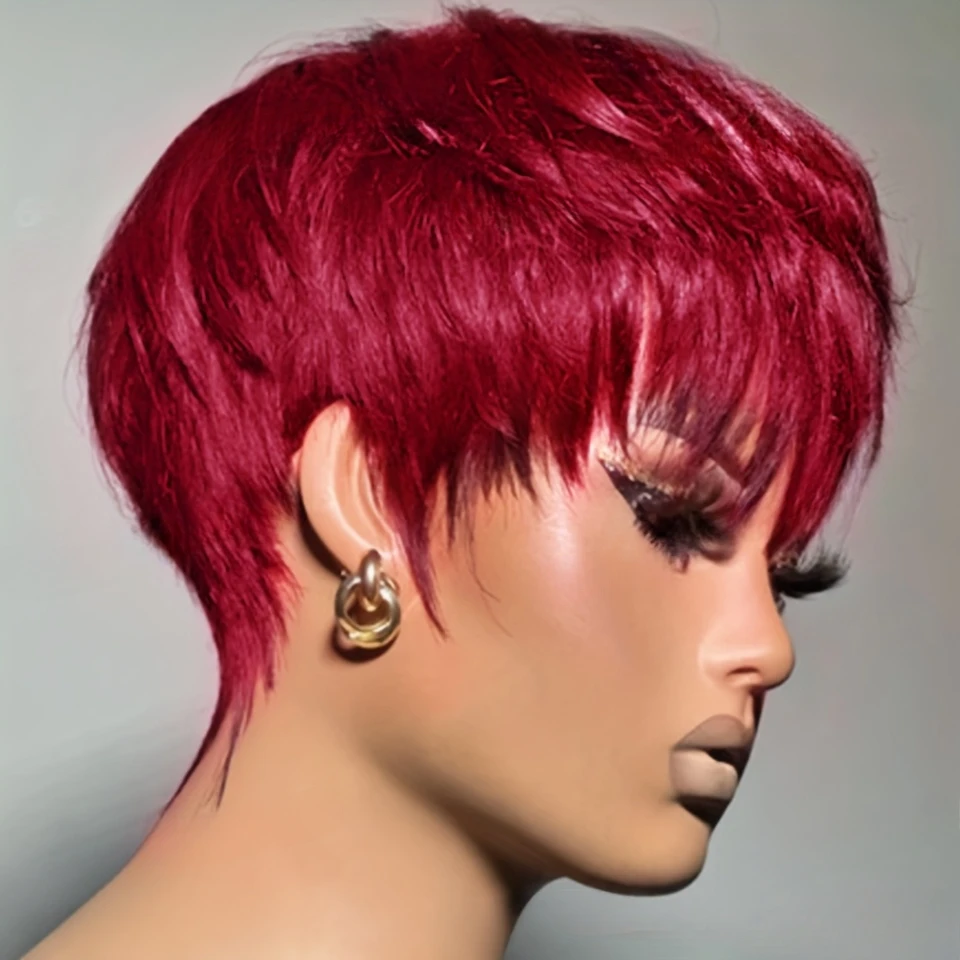 99Jカラーピクシーカットストレート人毛ウィッグ女性用フルマシンメイドウィッグショートレイヤードストレートウィッグ前髪付き