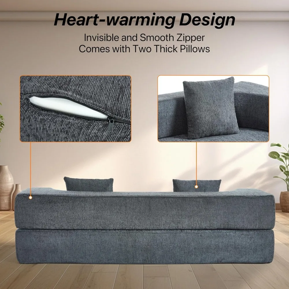 Sofá-cama dobrável, cama futon conversível, colchão de chão dobrável 2 em 1 com 2 travesseiros, espuma respirável de alta densidade preguiçosa