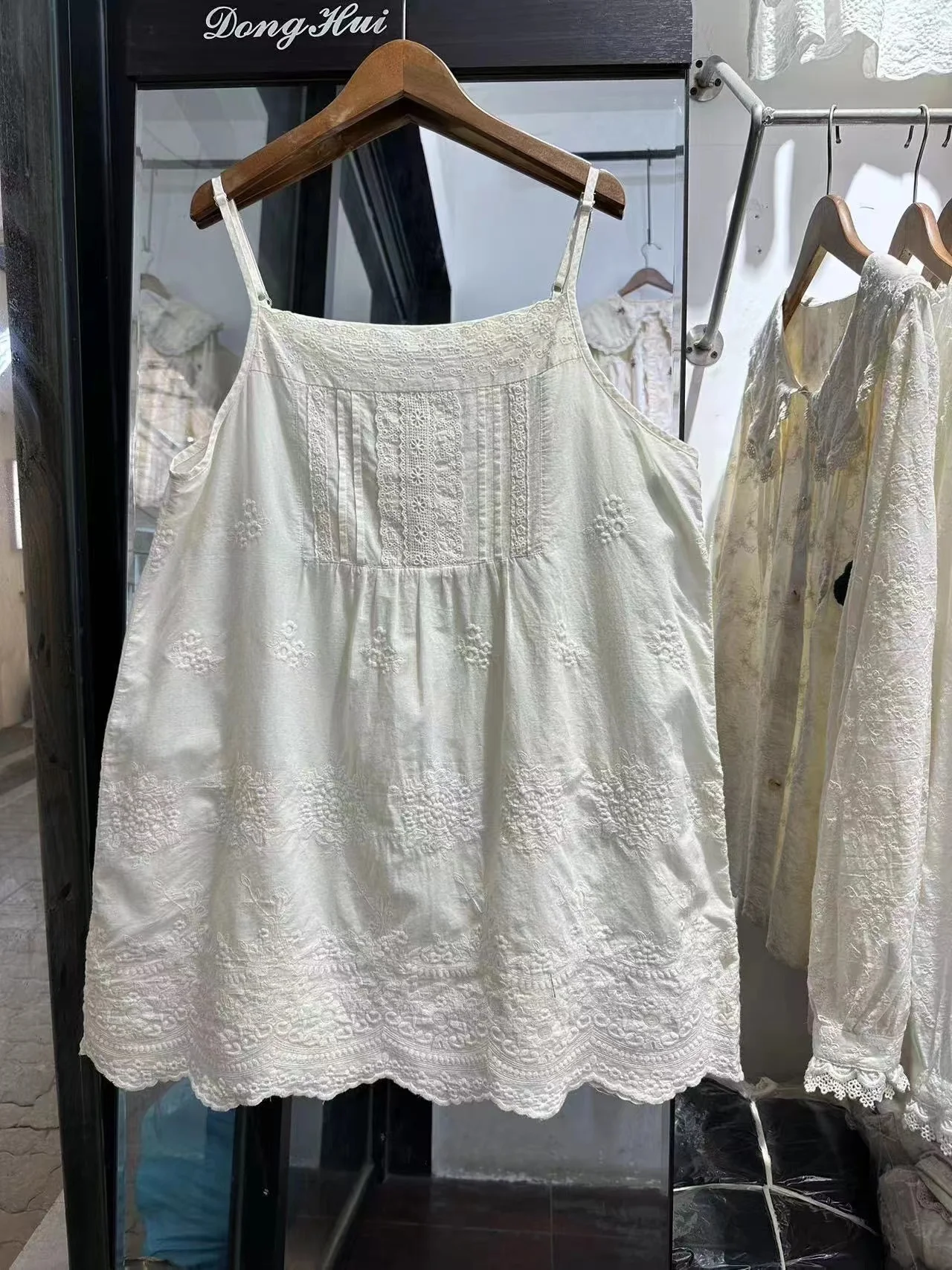 100% Cotton thin embroidery hollow out mid-length white black beige slip dress mori girl Japan style sweet petticoat dress