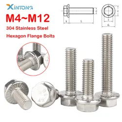 M4 M5 M6 M8 M10 M12 304 Stainless Steel Hexagon Flange Bolts Hex Serrated Flanged Hex Head Screws