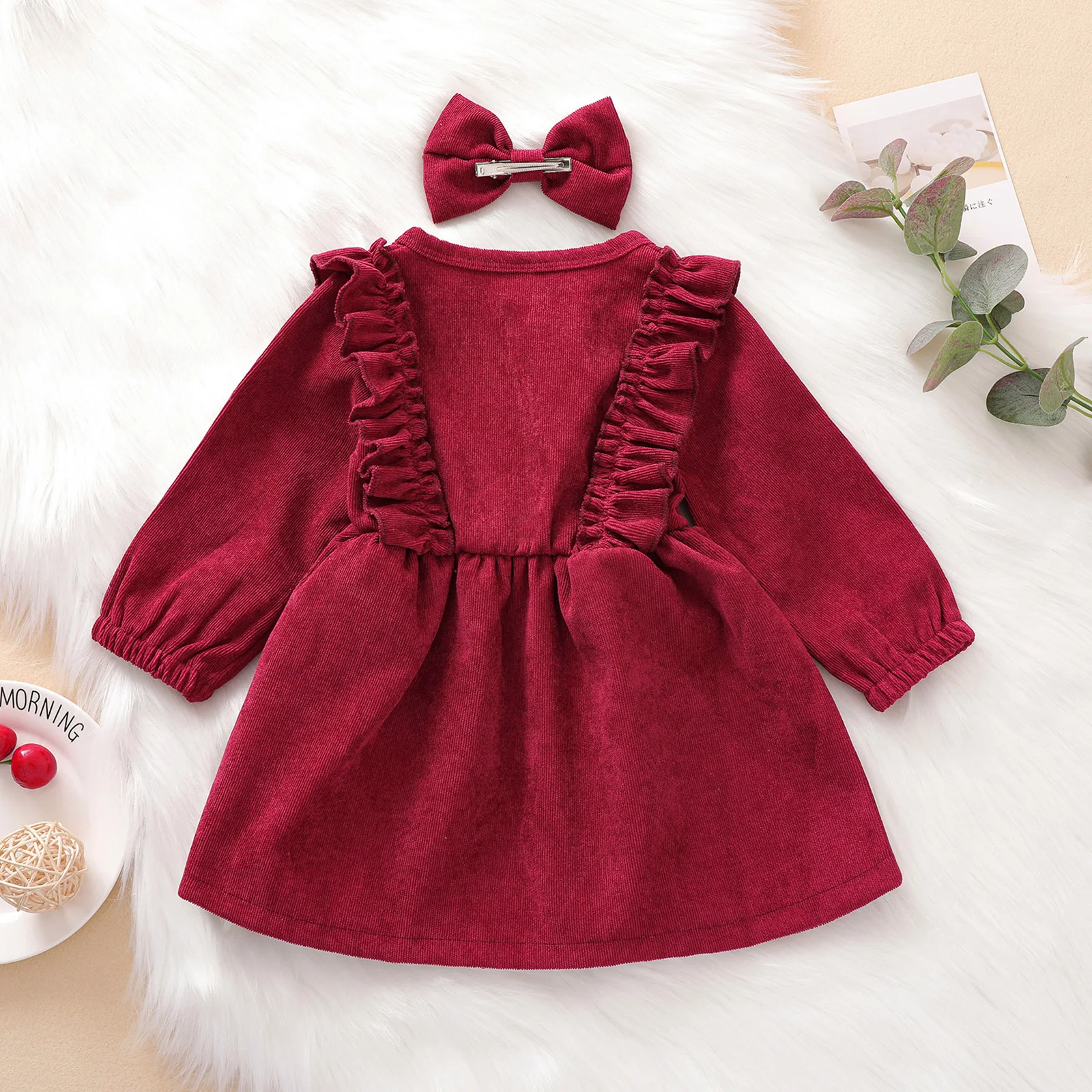 Baby Girl Dress High-Waist Midi Long Sleeve Round Collar Ruffle Buttons Princess Pleated Fall Skirt Headband