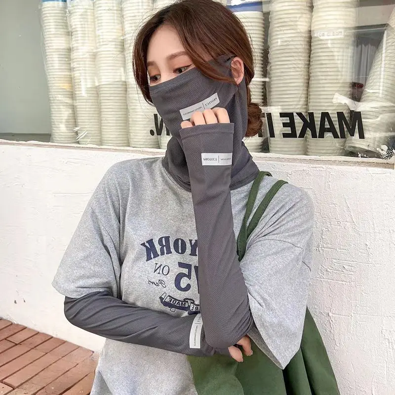 2ชิ้นเสื้อแขนยาวกันรังสียูวีสำหรับผู้ชาย masker bersepeda ถุงมือปั่นจักรยานขับรถผ้าไหมน้ำแข็งป้องกันรังสียูวีสำหรับผู้หญิงฤดูร้อนป้องกันการไหม้