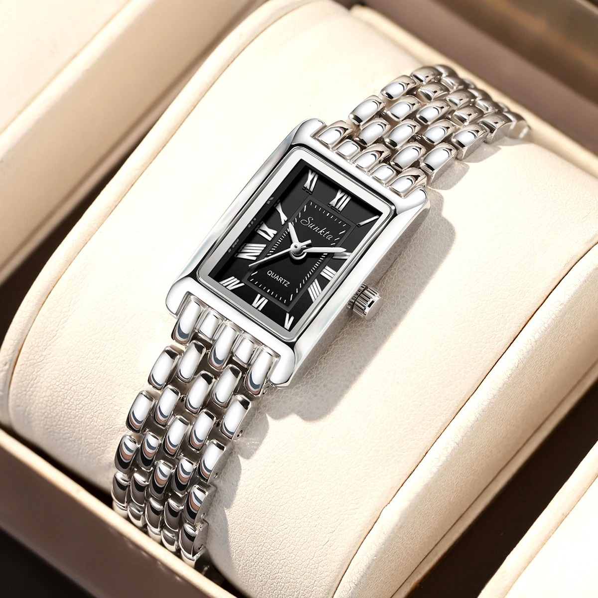 SUNKTA Silver Watch for Women Square Ladies Quartz Wristwatches Stainless Steel Women Small Watch Luxury Casual Fashion Watch