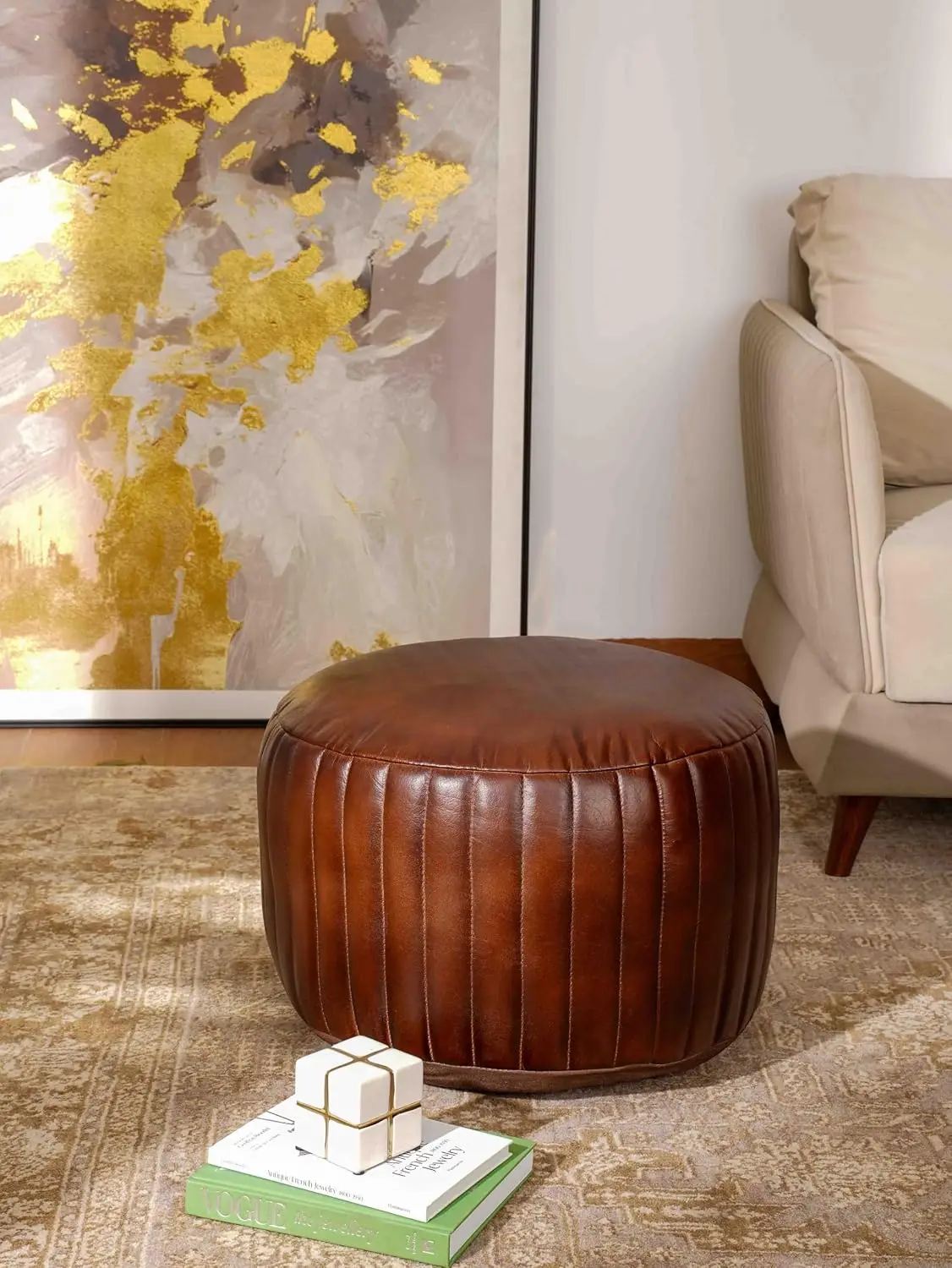 Handmade Eco-Friendly Leather Pouf Brown Round 21
