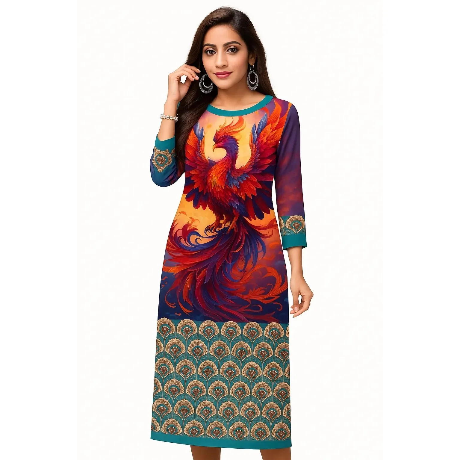 무슬림 드레스 쿠르트 여성용 패셔너블하고 우아한 스트레이트 튜브 캐주얼 공작색 코끼리 무늬 아바야 여성 두바이 슬릿 헴