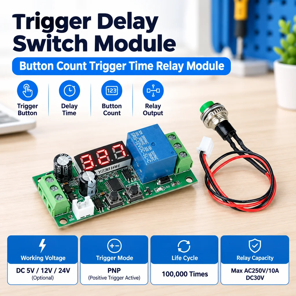 PNP Trigger Time Delay Relay Module DC5V 12V 24V Digital Display Anti Reverse Connection For Solenoid Valve Light Strip Motor