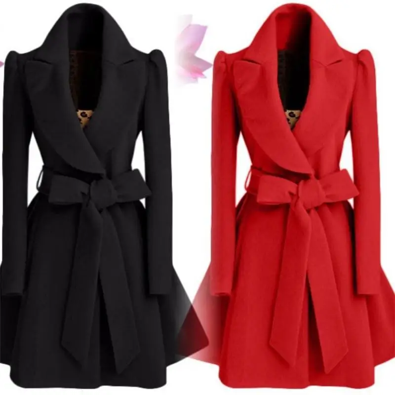 Korean Women's Woolen Windbreaker Overcoat Jacket Coats Red XL Autumn and Winter Long Windbreaker Overcoat Fashion Coat Jacket