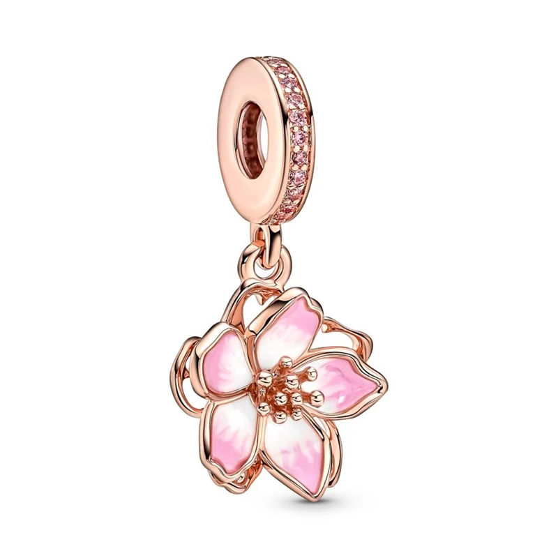 New Rose Gold Flowers Pink Cherry Blossom Daisy Butterfly Charm Beads Fit Original 925 Silver Pandora Bracelet DIY Women Jewelry