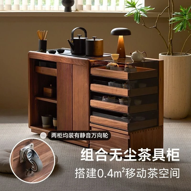 black walnut solid wood table, side cabinet table,  cabinet, kettle integrated side few cart