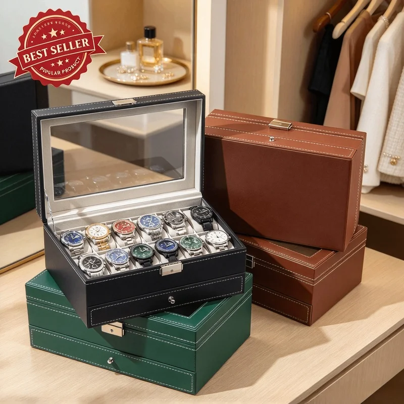 12 Slot Lockable Leather Watch Storage Box, 2-Tier Jewelry Display Case with Drawer for Watches Glasses Collection