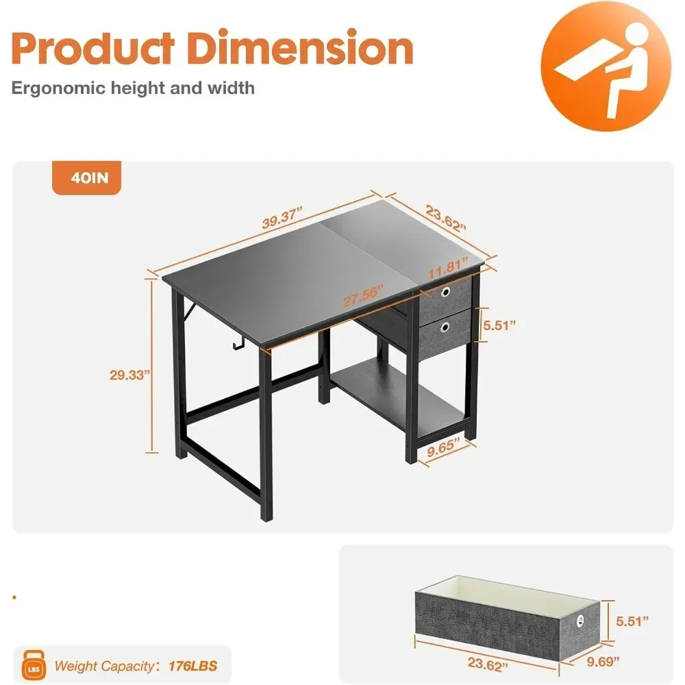 Computer Desk 40 Inch Home Office Writing Work PC Table Study Gaming 2-Tier Drawers Storage Shelf Side Headphone