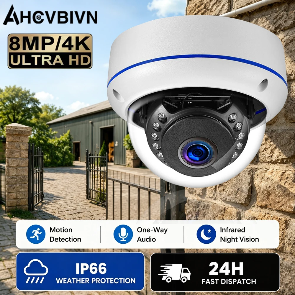 4K Outdoor Vandal‑proof POE Dome Camera 8MP Ultra HD IP66 Weatherproof AI Motion IR Night Vision POE Wired Surveillance CCTV Cam