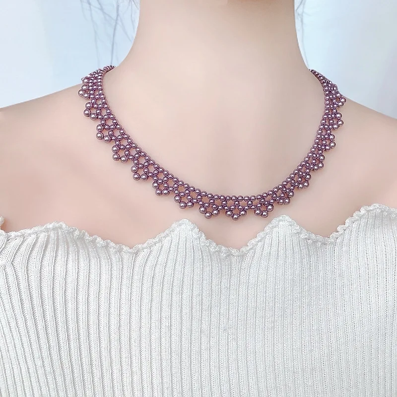 

New Hand Woven Purple Beaded Necklace Elegant Collarbone Chain Light Luxury Women's Necklaces Fashion Jewelry Choker Gifts