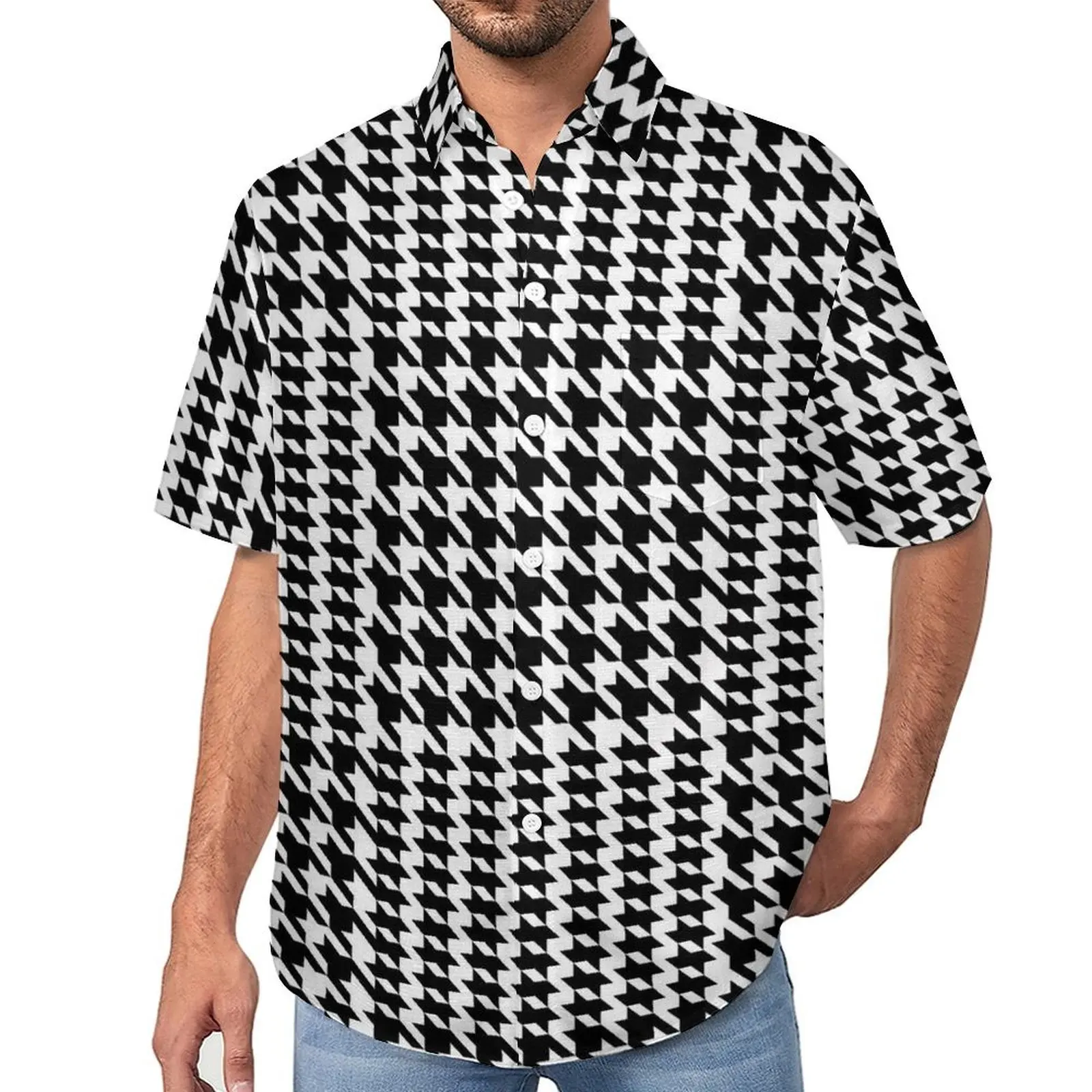 

Retro Houndstooth Vacation Shirt Black White Check Hawaii Casual Shirts Man Retro Blouses Short Sleeve Graphic Clothes Plus Size