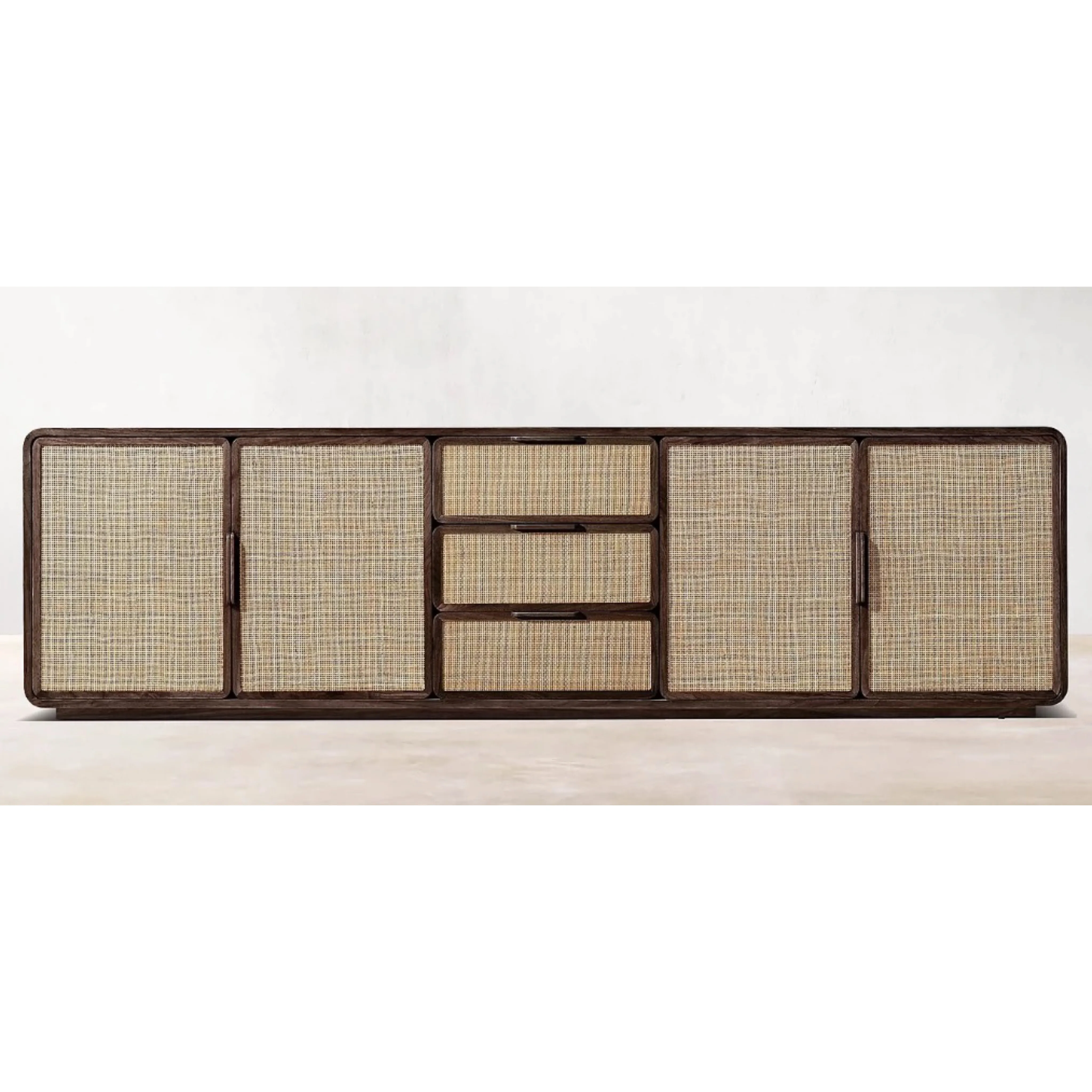 

Rattan Solid Wood TV Cabinet 4 Door Low Media Console with Drawer Side Cabinet
