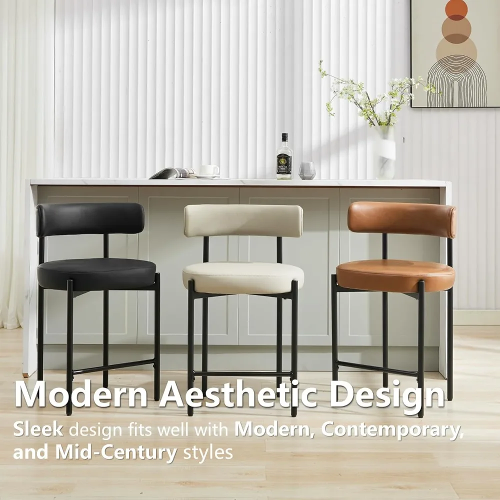 مجموعة مقاعد بار من الجلد الصناعي مقاس 24 بوصة مكونة من 3 قطع، ومقاعد بارتفاع منضدة مع ظهر، وكراسي منجدة لجزيرة المطبخ