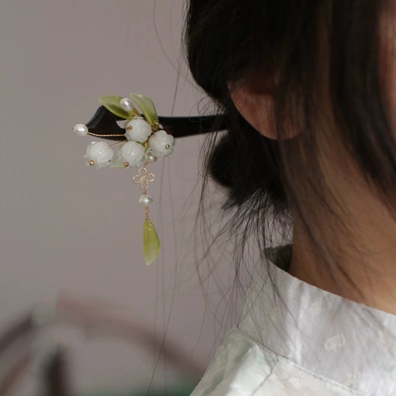 Retro Wooden Hair Stick Lily Of The Valley Fringe Hairpin Fork Chinese Hanfu Hair Accessories Vintage Cheongsam Hair bun Jewelry