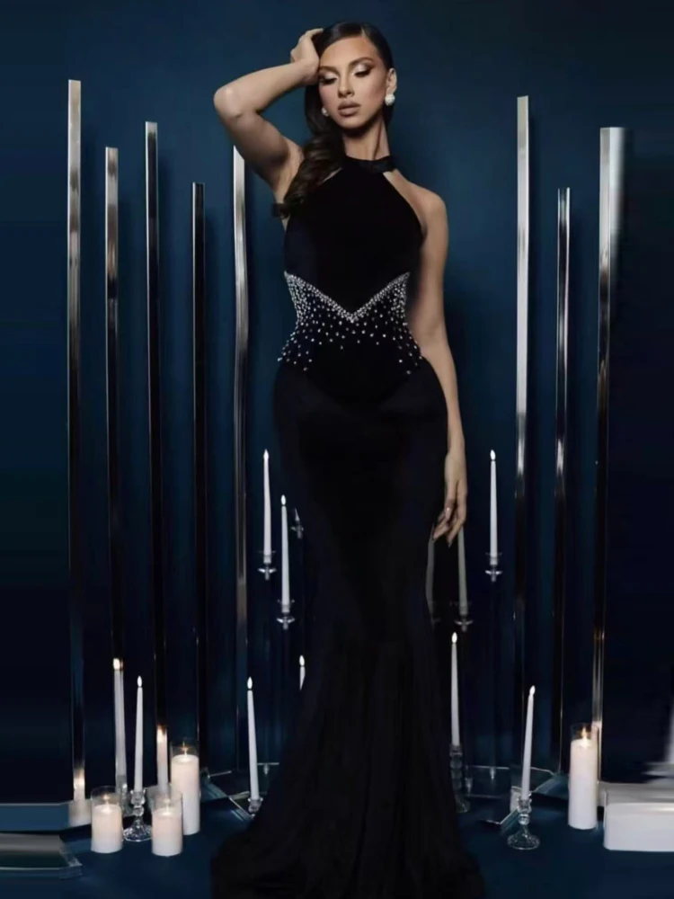 Sexy Halter Neck Diamonds Bandage Long Dress Women Black Sleeveless Crystal Beaded Bodycon Dresses Evening Party Gowns