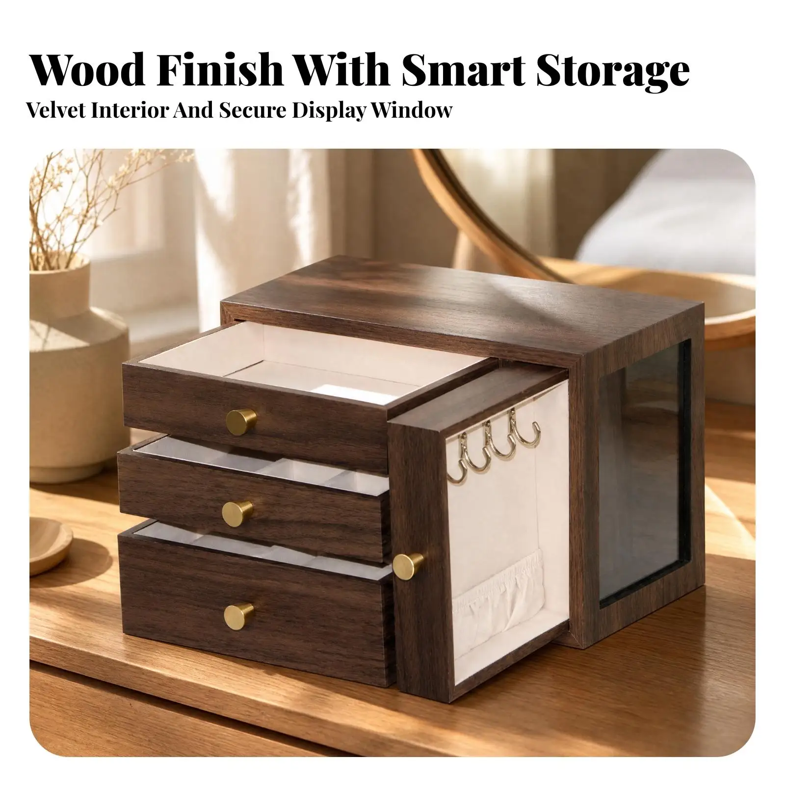 Rich Walnut Wood Grain Watch Storage Box Jewelry Organizer with Gold Knobs and Hanging Interior for Women