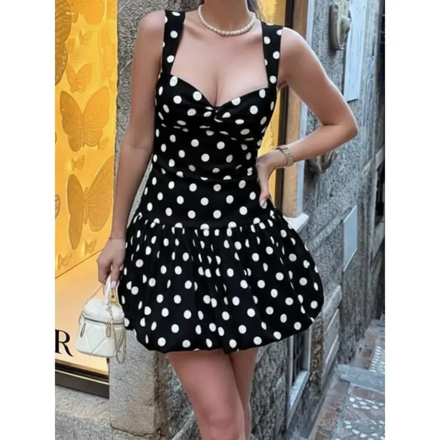 

Женское модное мини-платье в горошек на бретельках, винтажный стильный дизайн, универсальный стиль, идеально подходит для праздников и вечеринок.