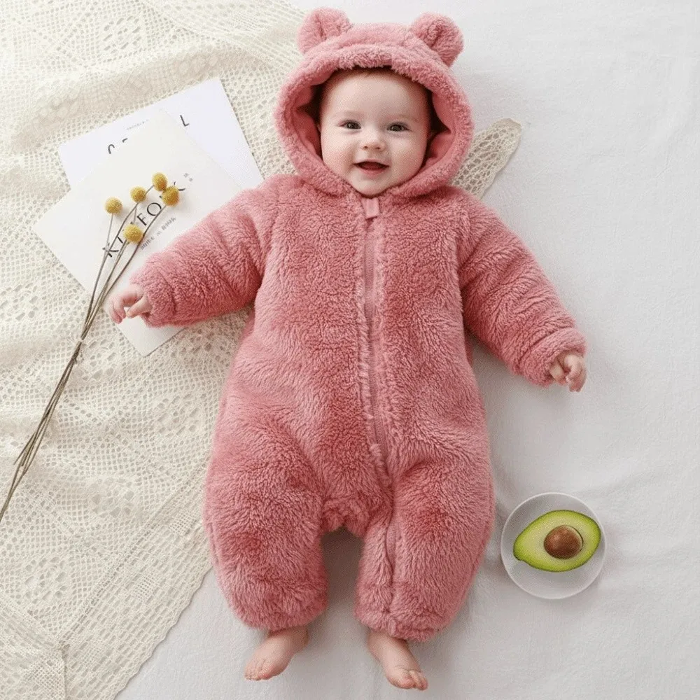Dicke warme Baby-Strampler, Korallen-Fleece, Bärenform, Säuglingsoverall, mit Kapuze, Reißverschluss, weicher Samt, Pyjama für Neugeborene, Wintersaison