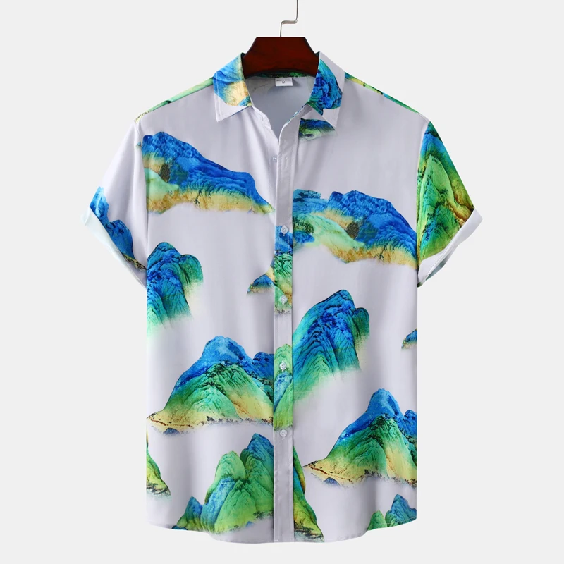 

Mens Stylish Mountainous Print Hawaiian Shirt Short Sleeve Aloha Beach Shirt Casual Button Down Summer Beach Party Shirt Chemise