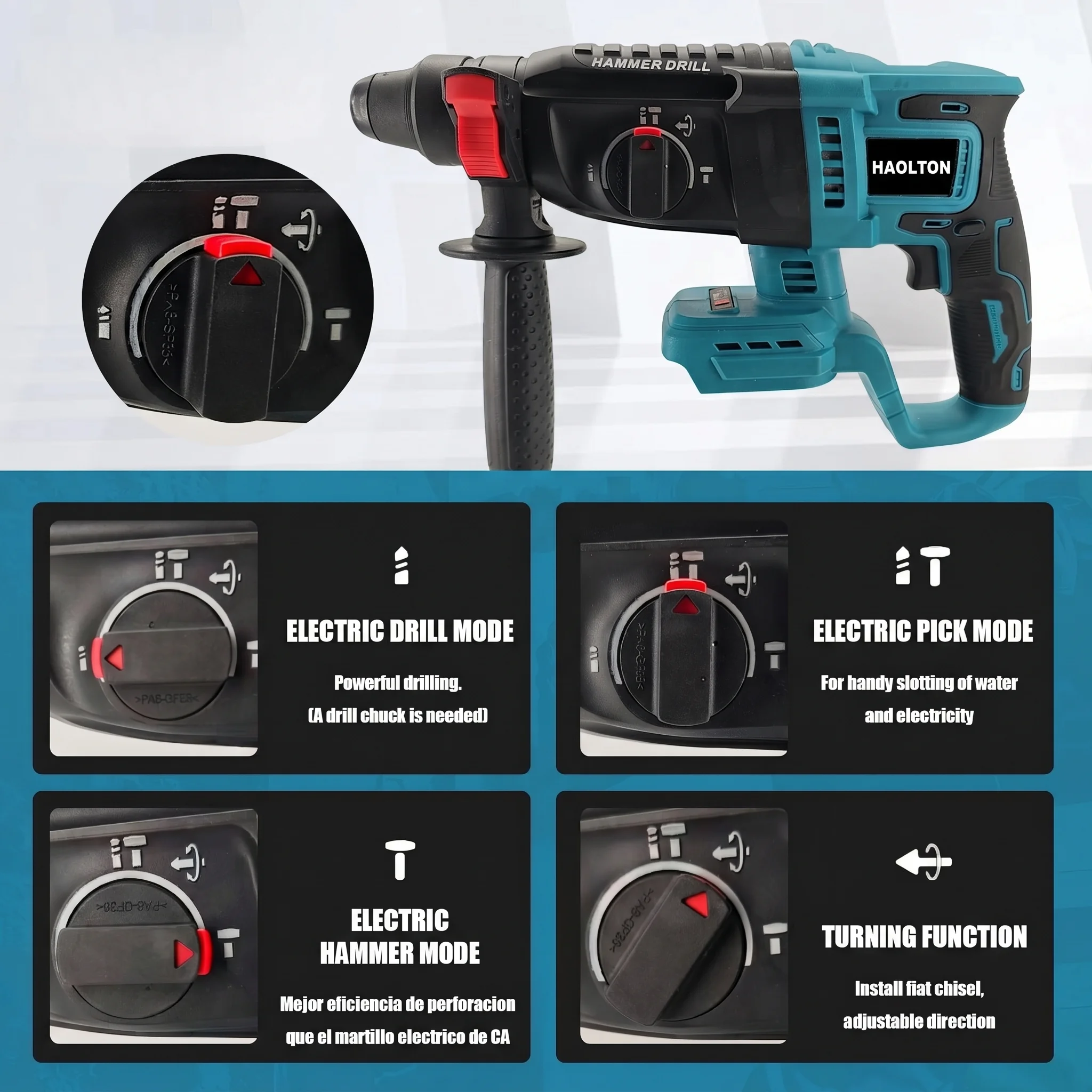 HAOLTON 26mm Brushless Cordless Rotary Hammer Drill, SDS Plus, 3 Function, For Makita 18V Li-ion Battery, Bare Body, Power Tools