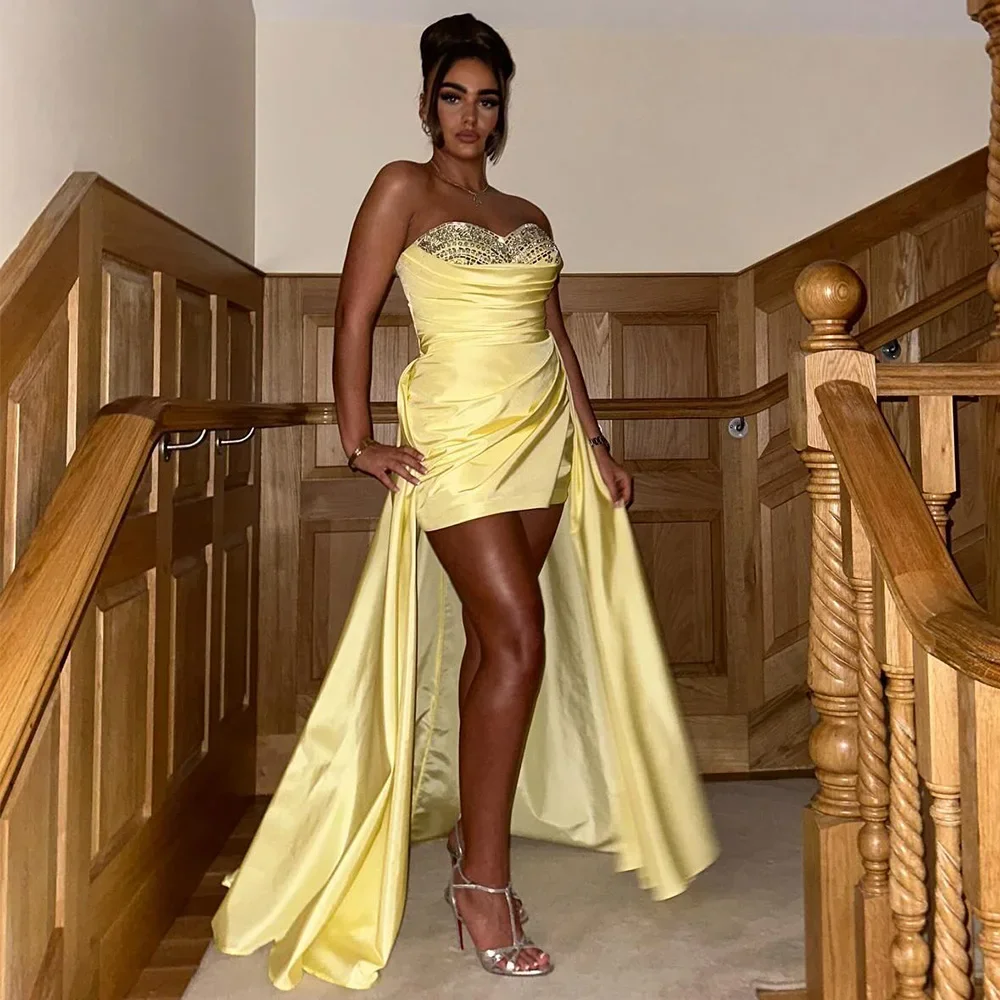 

Homecoming Dress Yellow Taffeta Sequined Mini Graduation Gown with Train Sweetheart Column Evening Party Dresses for Women 2024