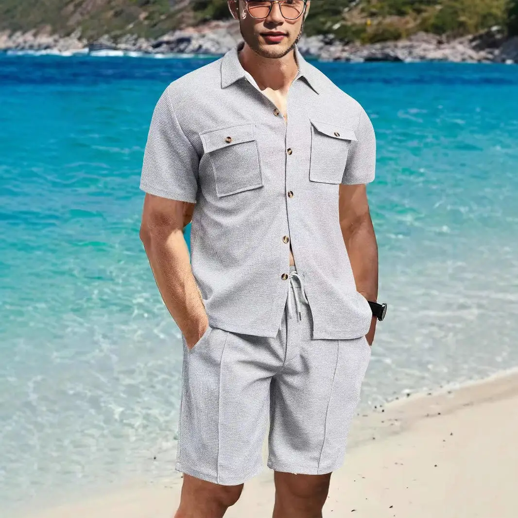 

Summer Men's Color Pocket Shirt Short Sleeve Cross-Border Two-Piece Set Short Pants ZJ Brand Unbranded No Registered Tr...