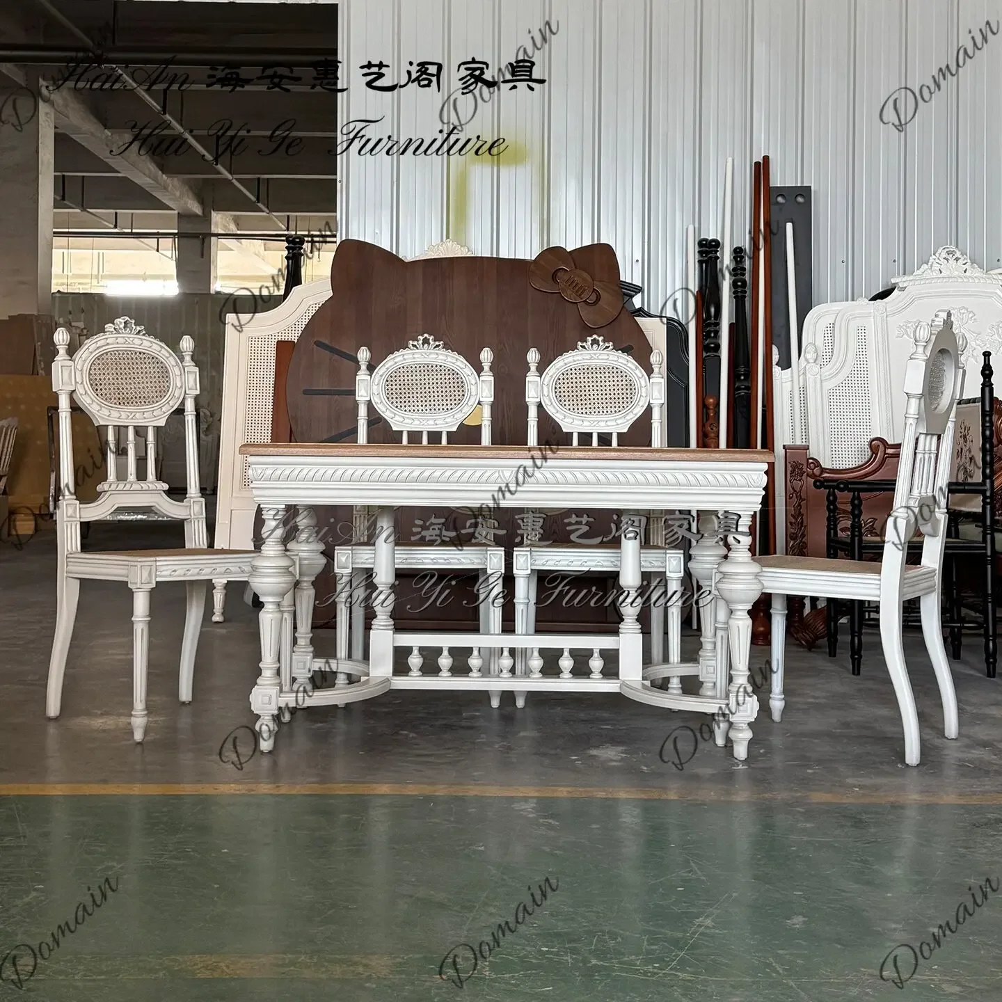 American Pastoral Restaurant Dining Table French Retro Solid Wood Dining Table Carved Hollow Rattan Art BJ