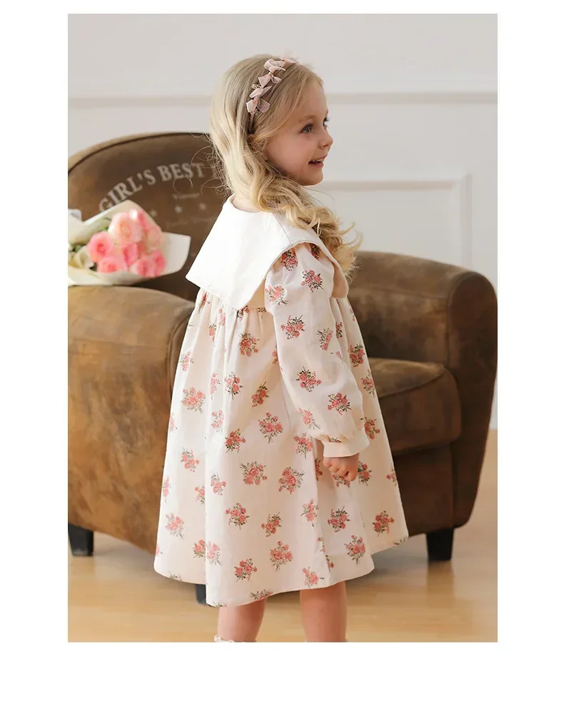 Autumn Square Collar Flower Embroidered Girls\' Dress Countryside Birthday Party Loose Print Long Sleeved Dress for Children