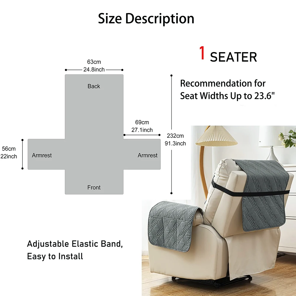 Thick Water Repellent Recliner Sofa Cover Protector with Elastic Strap for Reclining Chair Side Pocket Washable Couch Case