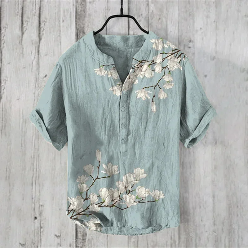 

New 2024 Mens Casual Fashion Shirts Vintage Japanese Art Comfortable Cotton Linen V Neck Henley Shirt Hawaiian Vacation