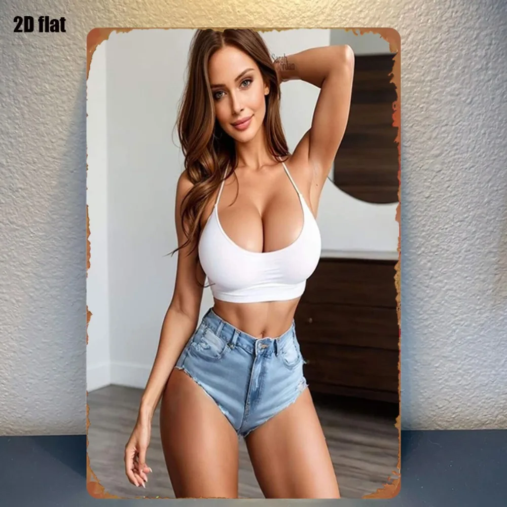 Modisches Damen-Oberteil in Weiß, Jeans-Shorts, Eisen-Schild, Schlafzimmer- und Heimdekoration