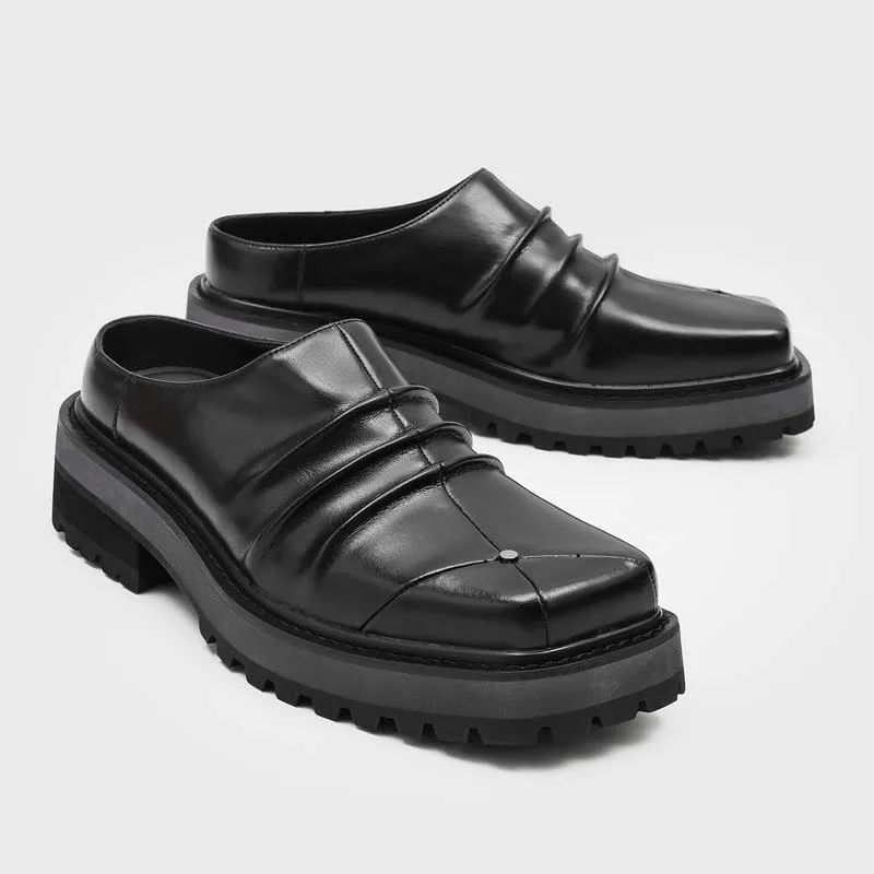 Men's Square Toe Mules Thick Platform Slip-On Half Shoes Vintage Pleated Black Loafers Casual Closed-Toe Backless Slipper