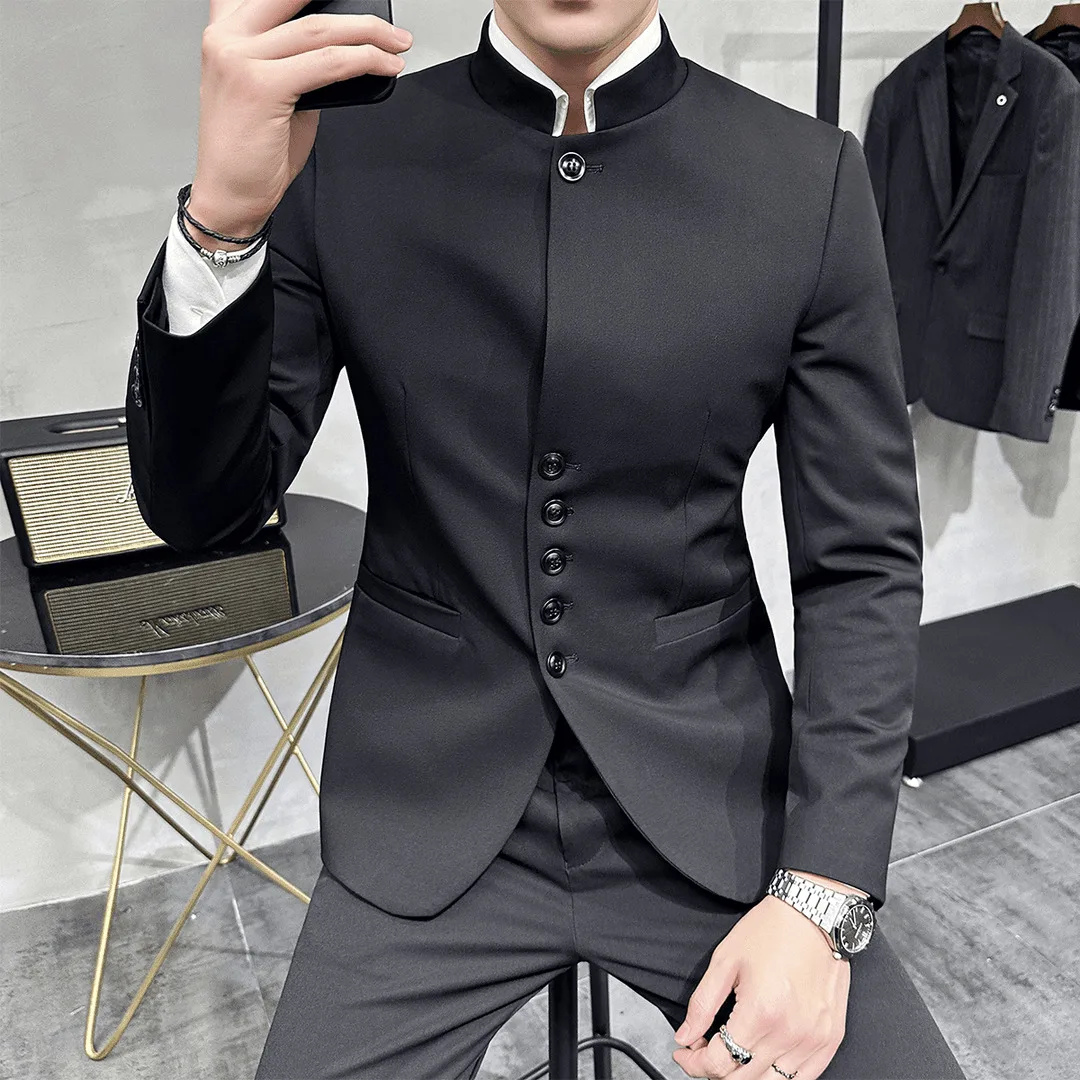 

New Chinese Men's Slim Fit Mandarin Collar Zhongshan Black Jacket Wedding Suit Casual Blazer New Trendy Handsome Set Luxury